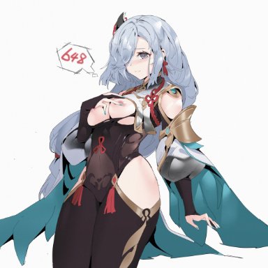 1girls, adeptus, ass, big breasts, blue eyes, blush, breasts, chinese clothes, genshin impact, light-skinned female, nipples, shenhe (genshin impact), silver hair, thick thighs, thighs