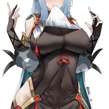 1girls, big breasts, blue eyes, curvy, curvy figure, female, female only, genshin impact, large breasts, long hair, looking at viewer, nvl, shenhe (genshin impact), solo, solo female