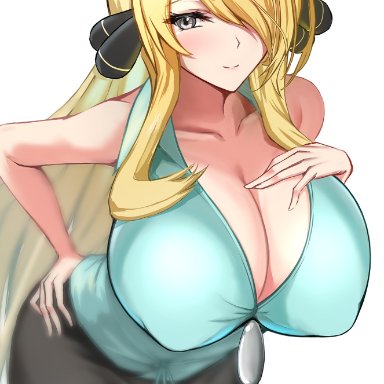 1girls, big breasts, blonde hair, blush, breasts, cynthia (pokemon), eye contact, female, hair ornament, hand on hip, huge breasts, kaoru1307, large breasts, long hair, looking at viewer