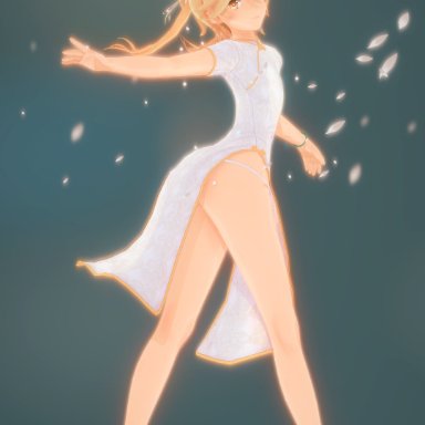 1boy, 1male, aether (genshin impact), ass, blonde hair, crossdressing, curvy hips, dress lift, femboy, gay, genshin impact, girly, hair ornament, high heels, long hair