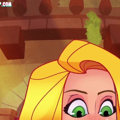 all fours, animated, ass, ass shake, biting lip, blonde hair, bubble butt, busty, castle, cleavage, clothing, disney, disney princess, green eyes, hourglass figure