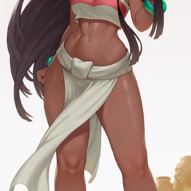 1girls, abs, barefoot, black hair, bracelet, breasts, chel, cheshirrr, clothed, dark-skinned female, dark skin, earrings, feet, female, long hair