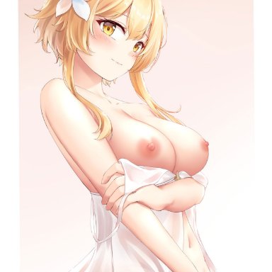 arm under breasts, babydoll, bangs, bare shoulders, blush, border, breasts, breasts outside, closed mouth, collarbone, cowboy shot, eyebrows visible through hair, female, flower, flower in hair