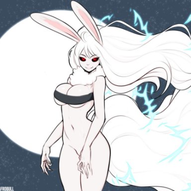 afrobull, black sclera, bottomless, bunny ears, bunny girl, carrot (one piece), cleavage, electricity, floating hair, full moon, furry, large breasts, long tail, looking at viewer, moon