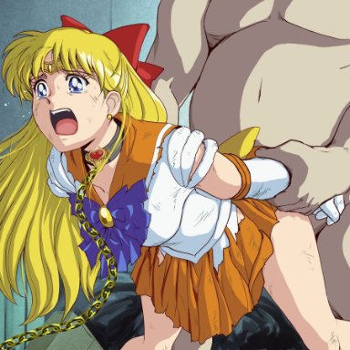 1boy, 1girls, arms held back, begging, begging for mercy, bending over, bent over, big dom small sub, bishoujo senshi sailor moon, blonde hair, blue eyes, bodysuit, bow, captured, chain leash