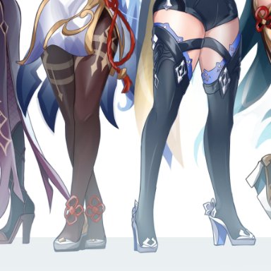 4girls, absurd res, artist request, black legwear, clothing, eula (genshin impact), feet, female, female only, fishnet legwear, fishnets, ganyu (genshin impact), genshin impact, hi res, high heels