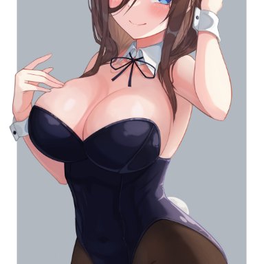 1girls, absurdres, animal ears, bare shoulders, black leotard, black ribbon, blue eyes, border, breasts, brown hair, busty, cleavage, commentary, cowboy shot, curvaceous