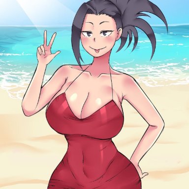 1girls, arm up, bangs, black eyes, black hair, blush, dress, elijahzx, hand on hip, large breasts, looking at viewer, momo yaoyorozu, my hero academia, ocean, peace sign