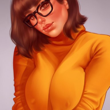 1girls, absurdres, big breasts, breasts, female, female only, glasses, highres, large breasts, looking at viewer, nipple bulge, othalam, scooby-doo, velma dinkley