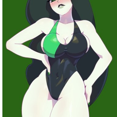 big breasts, black hair, blue triangles, blush, clothing, curvy, disney, disney channel, green background, green eyes, green fingernails, kim possible, one-piece swimsuit, shego, simple background