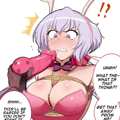 bagelbomb, bare shoulders, blush, bondage, breasts, bunny costume, bunny ears, bunny girl, eastern style, female, femsub, hair between eyes, kidnapping, large breasts, lavender hair