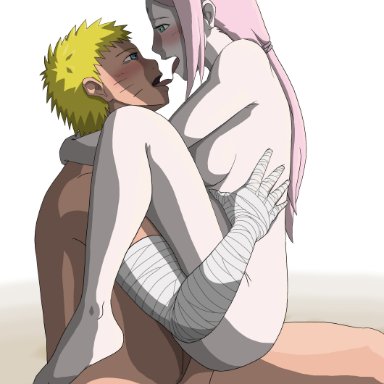 1boy, 1girls, after kiss, alternate hairstyle, bandaged arm, bandages, blue eyes, blush, boruto: naruto next generations, carrying, cowgirl position, duo, erection, eye contact, face to face