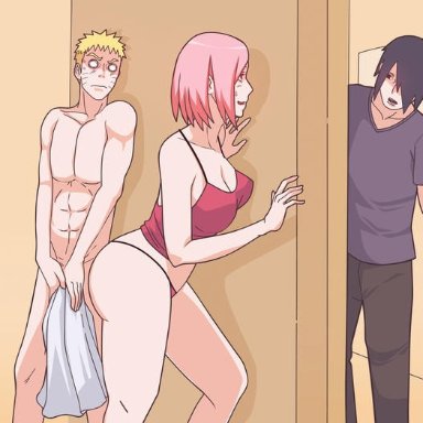 1girls, 2boys, against wall, almost caught, big ass, big breasts, big butt, black eyes, black hair, blank eyes, blonde hair, bob cut, boruto: naruto next generations, breasts, bubble ass