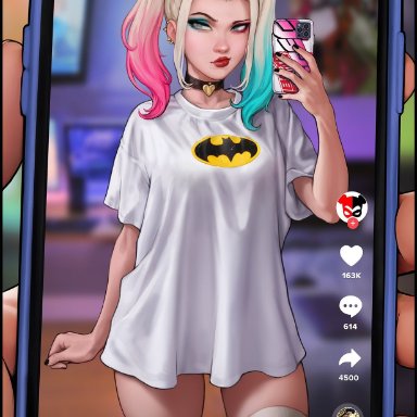 1girl, 1girls, aroma sensei, batman (series), blonde hair, blue eyeshadow, blue hair, breasts, dc, dyed hair, female, female only, harley quinn, jojo reference, medium breasts