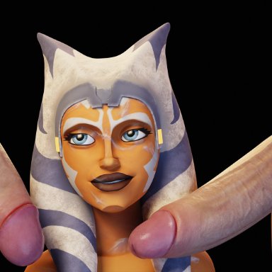 1boys, 1girls, 3d, after sex, ahsoka tano, airress3d, alien, alien girl, artist name, ball, big penis, black background, blue eyes, clone wars, cum