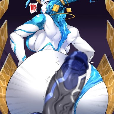 anahita, atlus, back view, big ass, big breasts, blush, demon girl, from behind, huge cock, imminent sex, megami tensei, mosaic censoring, nahobino (smt), nervous, nuezou