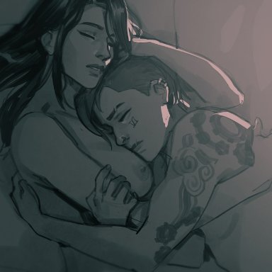 2girls, arcane, black hair, breasts, caitlyn, canon couple, closed eyes, cuddling, female, female only, league of legends, nipples, nude, nude female, rhabarberei