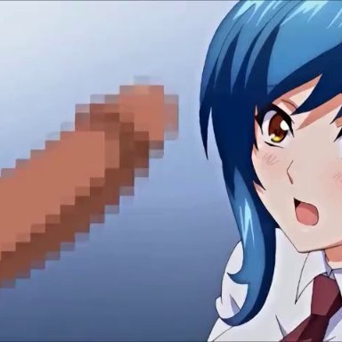 1boy, 1girl, animated, black legwear, blue hair, blush, censored, clothes lift, cum, cum in mouth, facejob, fellatio, forced, hagiura yuuna, hand on another's head