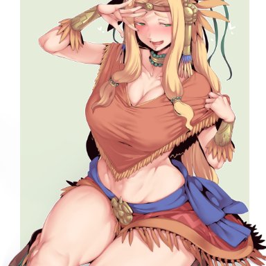absurdres, arm guards, aztec, bangs, blonde hair, blush, breasts, chin piercing, cleavage, collarbone, commentary request, fate/grand order, fate (series), female, green eyes