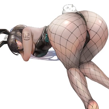 1girls, 2021, all fours, ass, ass focus, bare shoulders, barefoot, big ass, big breasts, black hair, blue archive, breasts, bunny ears, bunny tail, bunnysuit