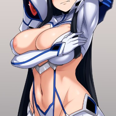 bellybutton, big breasts, black hair, blush, dark blue eyes, jmg, kiryuuin satsuki, long hair, thighs, visible nipple, white clothing, white gloves, white legwear