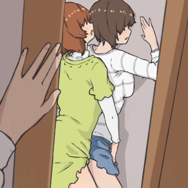 1futa, 1girls, ambiguous penetration, breast press, breasts against wall, brown hair, clothed, clothed sex, clothing, dress, duo, female, first person view, futa on female, futanari