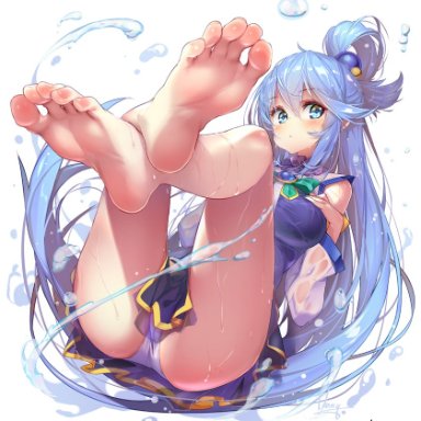 1girl, 1girls, aqua (konosuba), blue eyes, blue hair, blush, breasts, feet, foot fetish, foot focus, goddess, hong (white spider), kono subarashii sekai ni shukufuku wo!, long hair, medium breasts