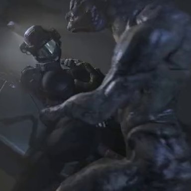 1boy, 1boy1girl, 1girls, animated, armor, halo (series), hand on breast, hand on hip, helmet, larger male, male/female, no sound, questionable consent, sangheili, sex