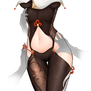 1girls, bodysuit, breasts, close-up, female, genshin impact, hands, hip vent, hips, lower body, navel, shenhe (genshin impact), thigh gap, waist, waist grab