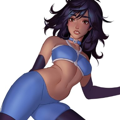 1girls, alternate costume, alternate version available, big eyebrows, big nose, blue hair, bondage, boshke, brown eyes, choker, dark-skinned female, dark skin, exposed breasts, female, gaze