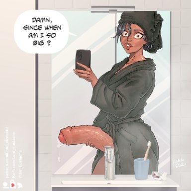 dark-skinned futanari, dialogue, eustache, foreskin, futa only, futanari, huge cock, mirror, precum, purple hair, red eyes, robe, selfie, sink, smartphone