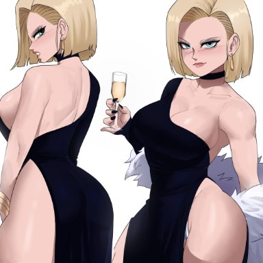 1girls, 2021, android 18, back, back view, bare legs, black dress, blue eyes, blush, breasts, clothed, clothed female, dragon ball, dragon ball z, echosaber