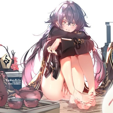 1girls, blush, brown hair, censored, genshin impact, hu tao (genshin impact), mosaic censoring, orange eyes, red eyes, sydus, sydusarts, thick thighs, thighs, vagina