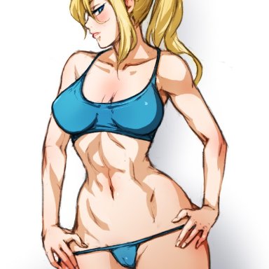 1girls, alternate costume, bikini, blonde hair, blue bikini, blue eyes, blue swimsuit, breasts, g-string, g-string half down, medium breasts, metroid, minacream, nintendo, partially visible vulva