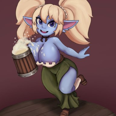 areola slip, areolae, barmaid, bartender, beer, big breasts, blonde hair, blue skin, breasts, cranihum, league of legends, looking at viewer, nipple bulge, pinup, poppy