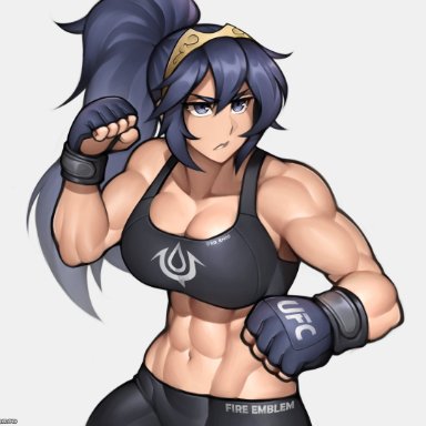 1girls, abs, absurdres, alternate costume, alternate hairstyle, bare midriff, blue eyes, blue hair, breasts, cleavage, clenched hands, commission, copyright name, eyebrows visible through hair, fighting stance