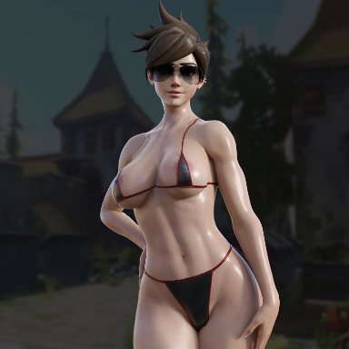 3d, alternate costume, aviator sunglasses, breasts, brown hair, female, nordfantasy, overwatch, short hair, solo, sunglasses, swimsuit, tinted eyewear, tracer