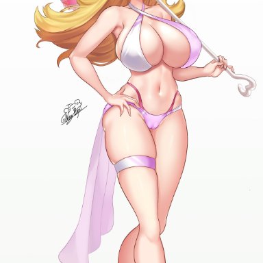 1girls, big breasts, bikini, cleavage, heels, highres, huge breasts, large breasts, mario (series), nez-box, nintendo, parasol, princess peach, super mario bros., swimwear