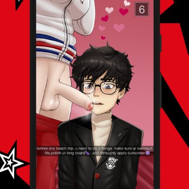 1boy, 1futa, akira kurusu, alternate version at source, ann takamaki, balls, big penis, black hair, blonde hair, clothed, clothing, dixieduckart, duo, erection, fully clothed