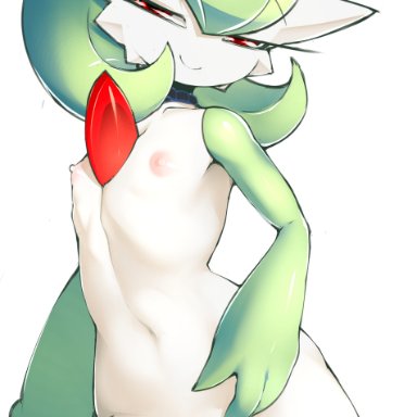 absurdres, ass visible through thighs, athletic female, breasts, female, fir3born, gardevoir, green hair, green legwear, groin, highres, looking at viewer, navel, nipples, nude