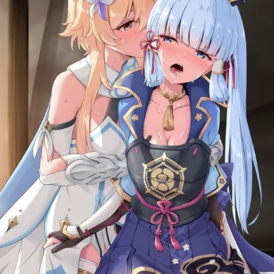 2girls, blush, breast grab, breastplate, cleavage, female, female only, genshin impact, grabbing from behind, groping, hi res, japanese clothes, kamisato ayaka, lumine (genshin impact), princess