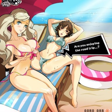 2girls, ann takamaki, atlus, beach, bikini, blonde hair, boots, brown hair, brunette, english text, goro orb, makoto niijima, persona, persona 5, red eyes