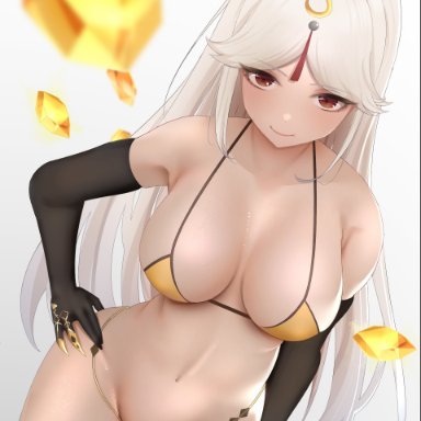 1girls, bikini, breasts, busty, cleavage, female, genshin impact, hand on hip, hi res, human, large breasts, looking at viewer, milf, ningguang (genshin impact), red eyes