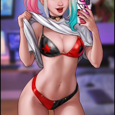 1girls, aroma sensei, batman (series), bra, dc, female, female only, harley quinn, panties, selfie, solo, suicide squad, western style, large breasts, tagme