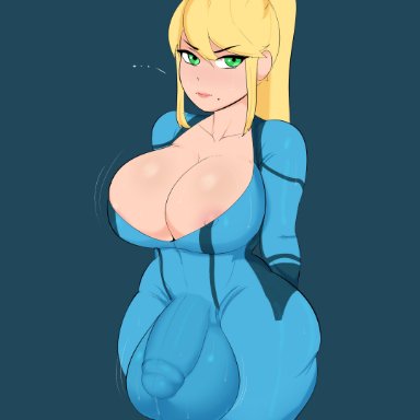 1futa, areola slip, areolae, balls, balls outline, balls under clothes, big breasts, blonde, blonde hair, breasts, bulge, bulge through clothing, cleavage, clothed, clothing