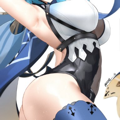 1girls, absurd res, arched back, armpits, arms behind head, arms up, ass, bangs, big ass, big breasts, big butt, blue hair, blush, bodysuit, breasts