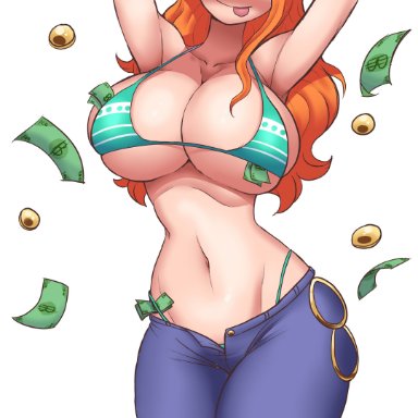 1:1, 1girls, :p, armpits, big breasts, breasts, female, huge breasts, large breasts, long hair, nami, one piece, orange hair, pants, simmsy