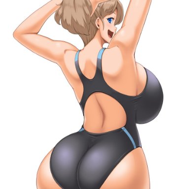 arms up, big ass, big breasts, blue eyes, brown hair, busty, butt crack, female, female only, huge ass, huge breasts, intrepid (kantai collection), kantai collection, kawanuma uotsuri, light brown hair