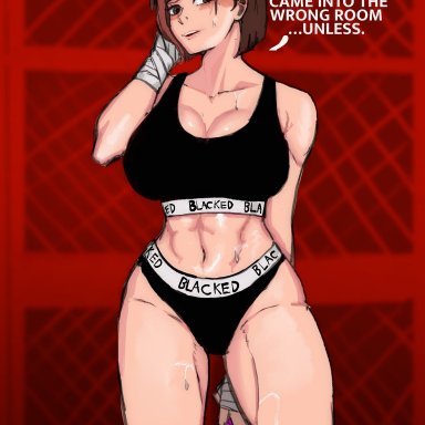 1girls, big breasts, blush, breasts, brown eyes, brown hair, female, jujutsu kaisen, kugisaki nobara, mobi mobi, muscular female, short hair, solo, standing, sweat