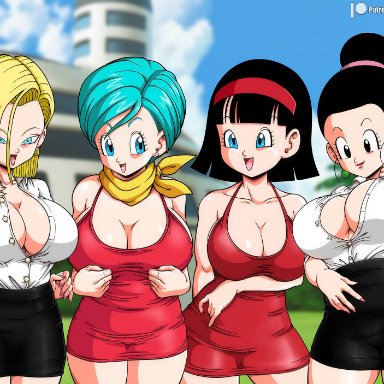 android 18, big breasts, black eyes, black hair, blonde hair, blonde hair, blue eyes, blue hair, bulma briefs, buttoned shirt, chichi, cleavage, dragon ball, dragon ball super, dragon ball z